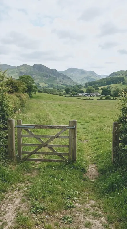 Graded with Land and Light: Tin Pail on First leg, the gate and the distance behind it